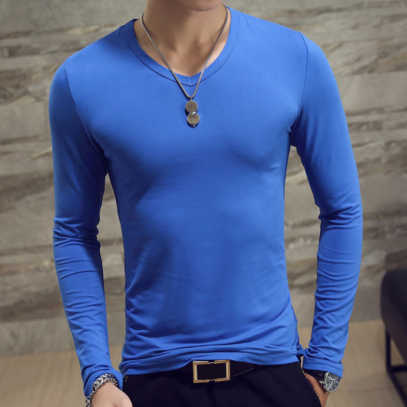 WJHWSX T Shirt Folder Pullover Menswear Long Sleeve Shirt Long Sleeve Solid  Blouse Blue Casual