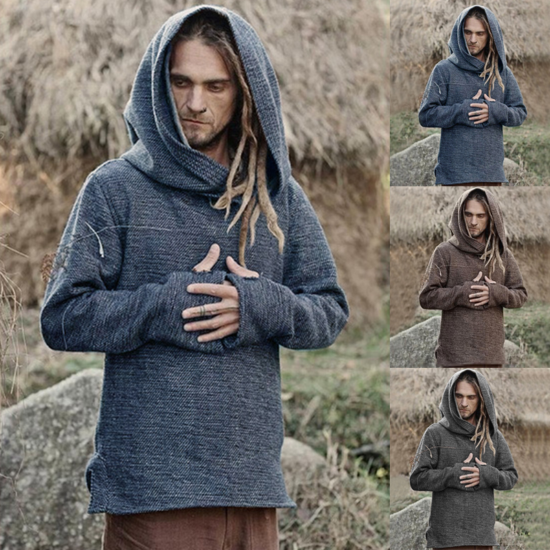 Men Vintage Long Sleeve Medieval Knight Knit Hood Hoodies Sweatshirt ...
