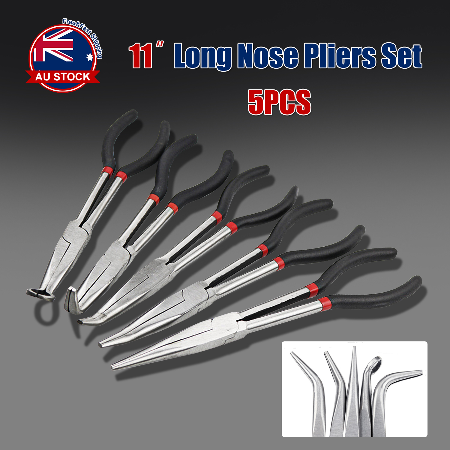 5 Pcs 11'' Long Reach Nose Pliers Set Straight Bent Tip Mechanics Hose