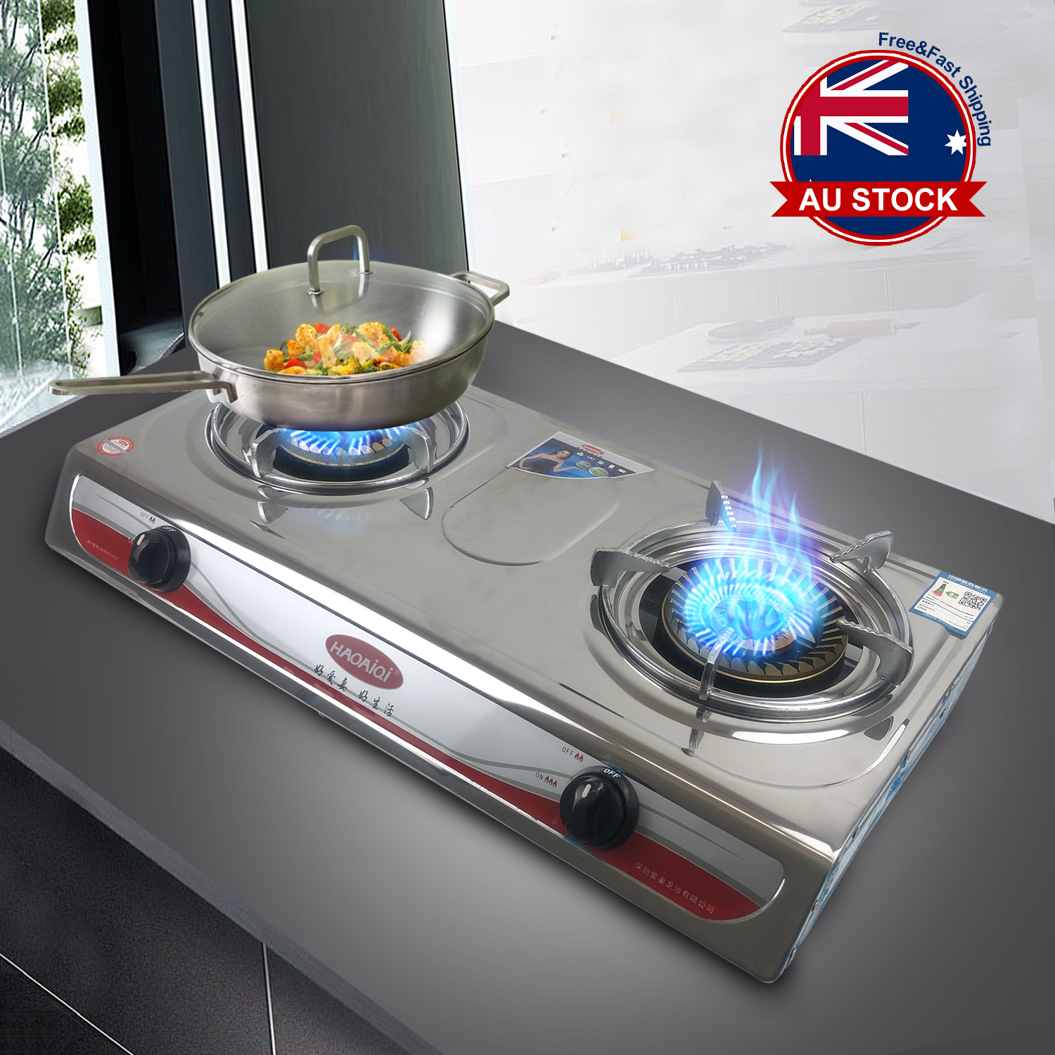Double Wok Burner Wok Cooker Stove LPG Gas 13.5 MJ Portable Benchtop O