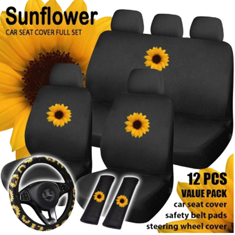 BBTO 8 Pieces Sunflower Car Accessories Set 7 Pieces Sunflower Car Front Seat Covers and Car Steering Wheel Cover for Auto Decoration