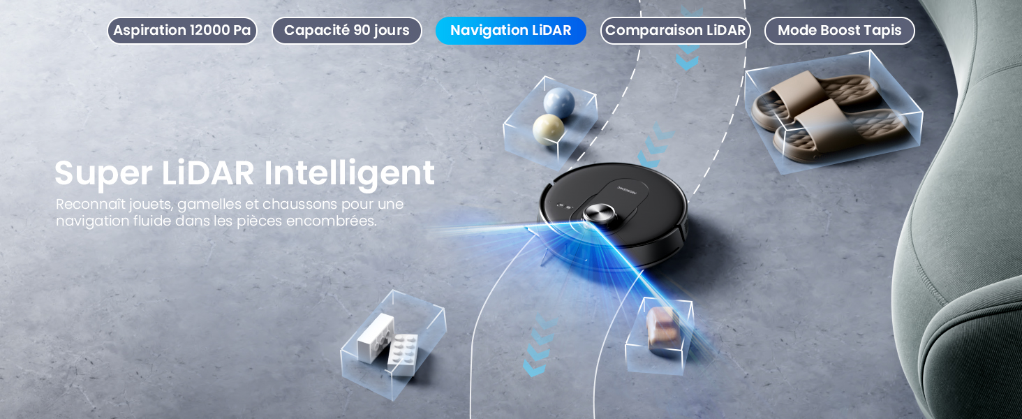 Navigation LiDAR à 360° pour une cartographie précise et rapide de l'habitation en 15 minutes.