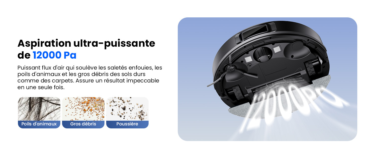 Aspirateur robot Proscenic Q10 avec puissance d'aspiration HyperForce de 12 000 Pa pour sols et tapis.