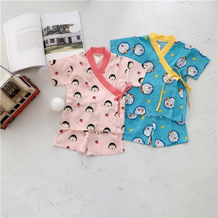 Kid Sleepwear Kimono Boy Doraemon Girl Sakura Momoko Pajamas Japan Top+Shorts