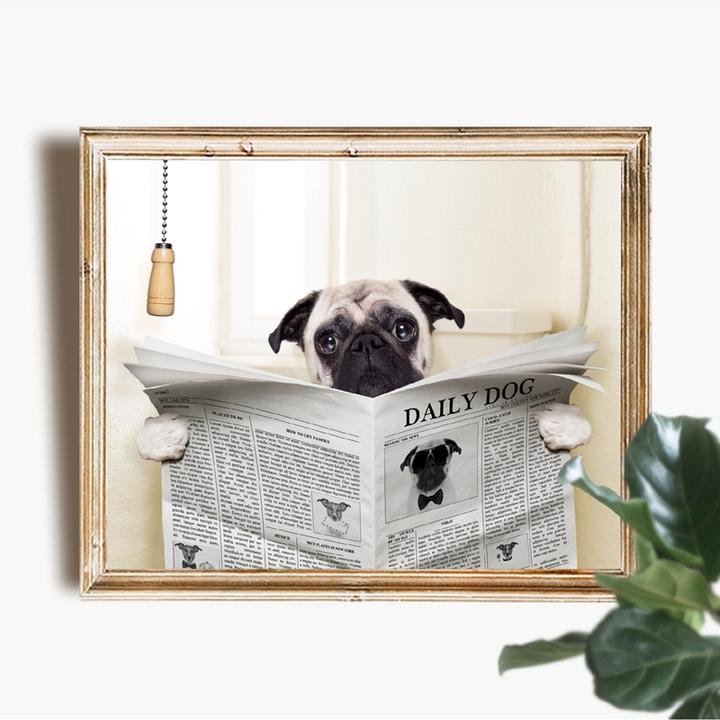 Dog Reading Newspaper Toilet Wall Art Canvas Poster Prints Funny Dog ...
