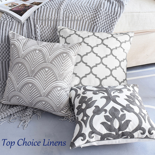 Mix Match Home Sofa Lounge Grey White Embroideried Cotton Cushion